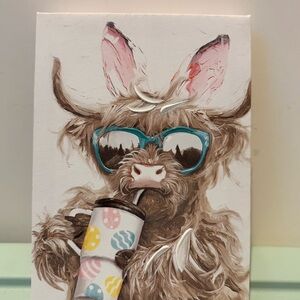 Super Cute Highland Cow Canvas Art with Bunny Ears, Sunglasses and Tumbler- NWT